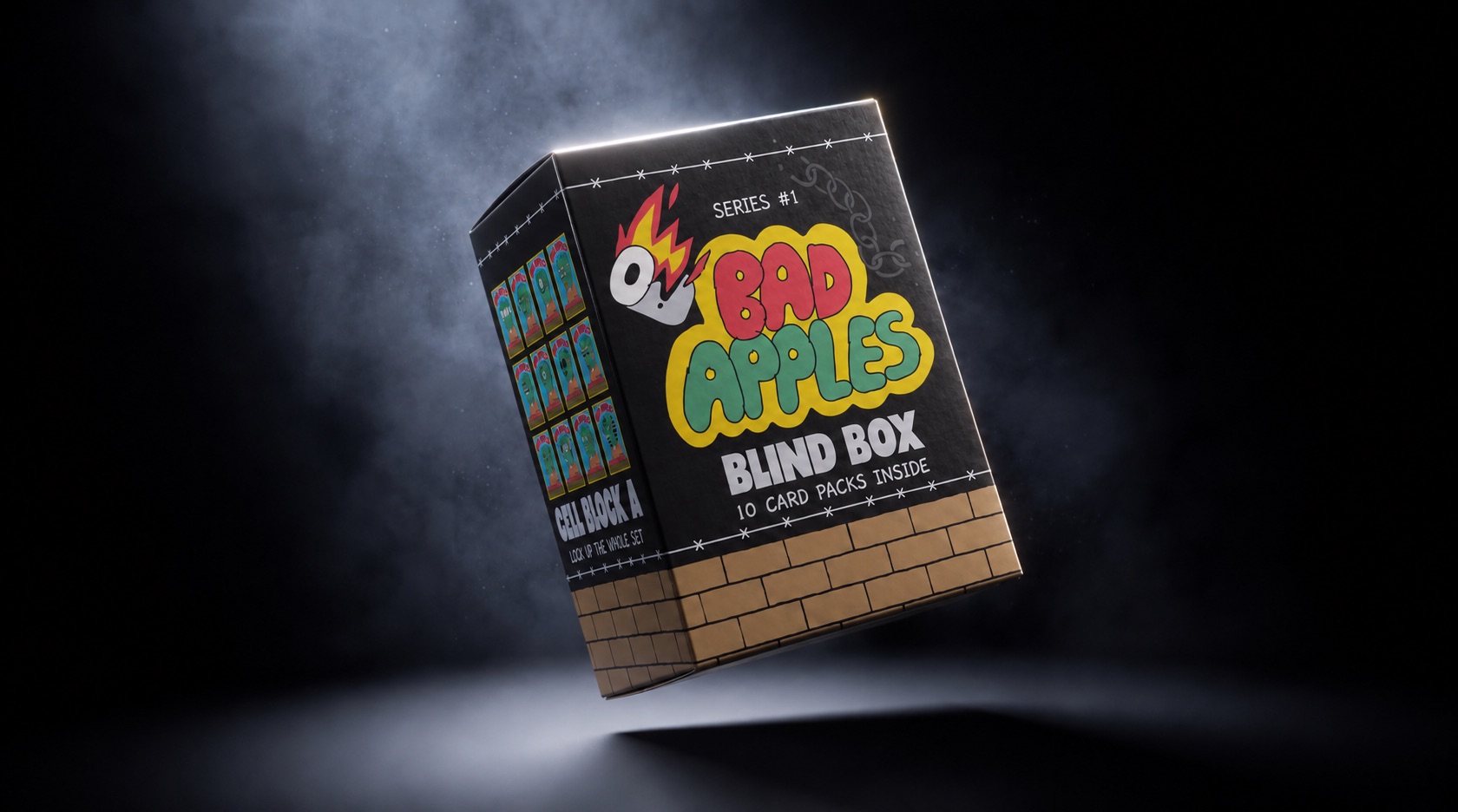 A sealed $BADAPPLES collectible box floating in darkness